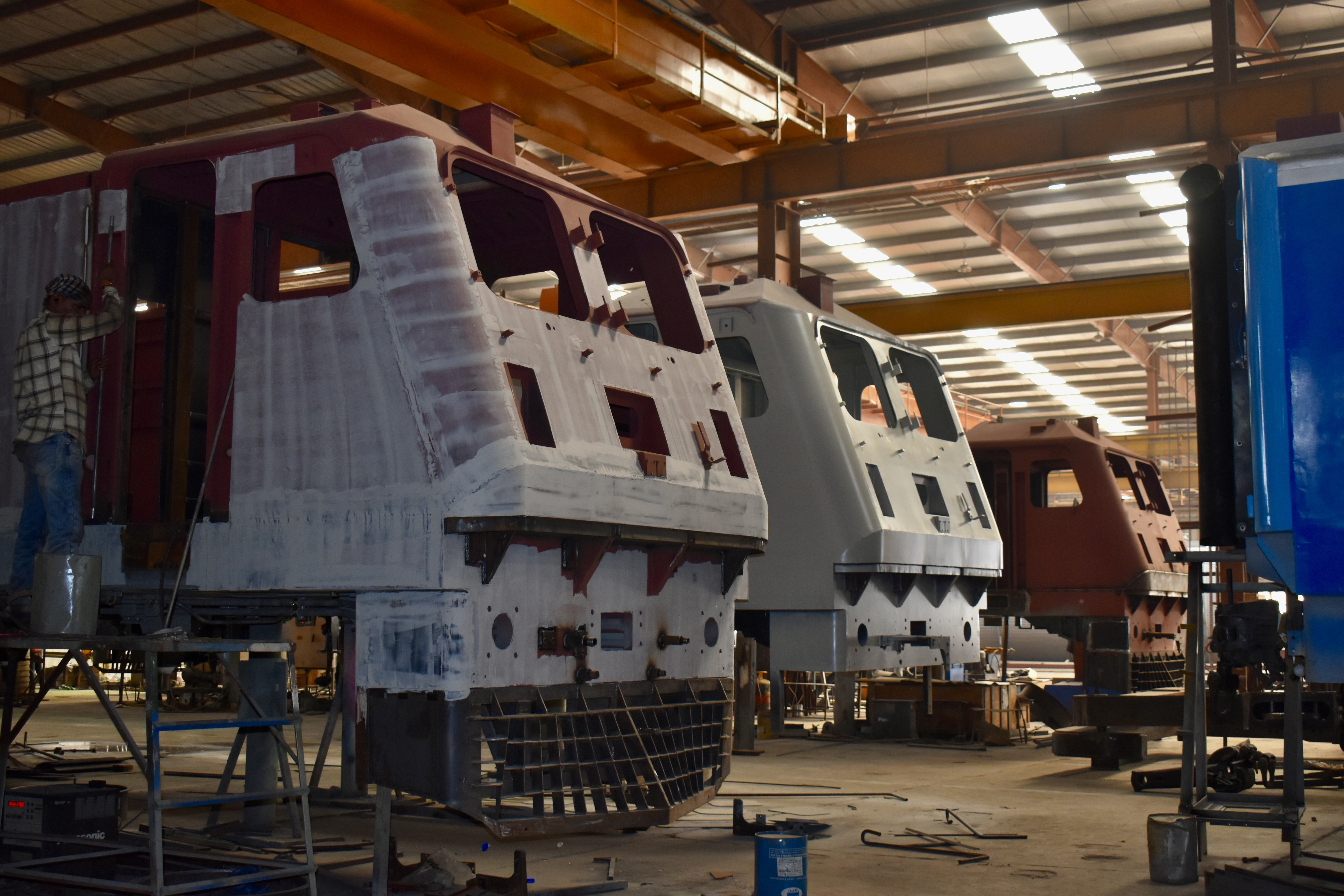 Locomotive cabs at the painting and finishing stage